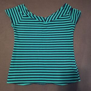 Unique Vintage Teal and Black Striped Short Sleeve Top